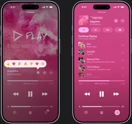 iPhone on left showing “Sapphire” by Ed Sheeran playing on iPhone screen with reaction emoji prompt showing options to thumbs up, heart, celebrate, thumbs down or add another reaction. iPhone on right showing collaborative playlist called Hawaii Playlist with multiple songs added by other contributors