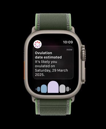 Apple Watch Ultra 3, natural titanium case, ovulation date estimation notification from Cycle Tracking in Health app, Trail Loop, green/neon colour
