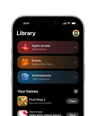 iPhone, top half only, screen shows Games app layout, including Library tab, Apple Arcade, Events, Achievements and All Games section
