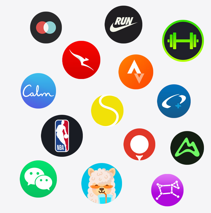 Apple Watch app icons: ChargePoint, Yelp, Nike Run Club, SmartGym, Calm, NBA, SwingVision, Oceanic+, WeChat, Waterllama, Golfshot, JetBlue, AllTrails