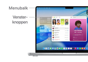 Een demo van macOS-navigatie, zoals de menubalk boven in het scherm van de MacBook en het Dock.