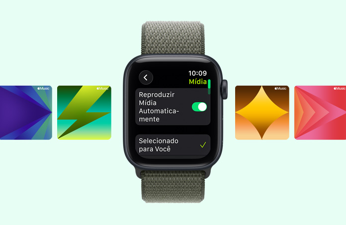 Apple Watch SE 3 com caixa meia-noite de alumínio e pulseira loop esportiva na cor floresta, sugestões de playlist de treino do Apple Music