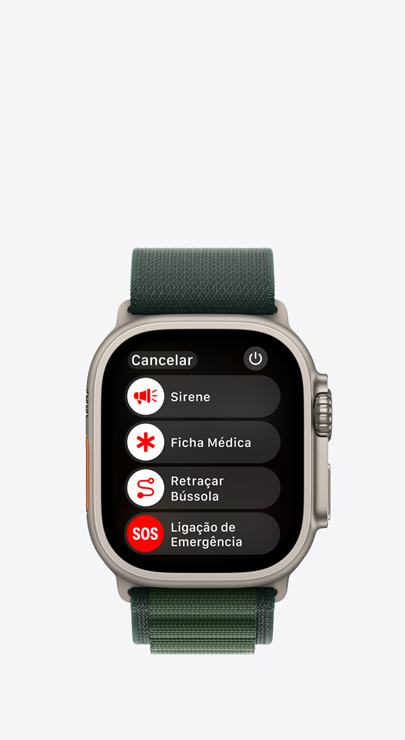Um Apple Watch com uma lista de recursos de emergência: Sirene, Ficha Médica, Retraçar Bússola e Ligação de Emergência