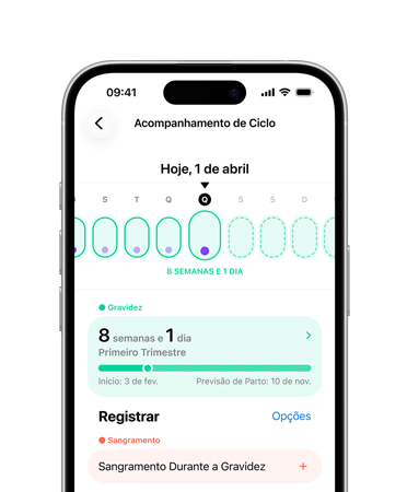 iPhone com Acompanhamento de Ciclo no app Saúde configurado para registrar fases da gravidez