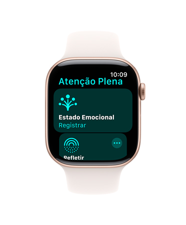 Apple Watch Series 11 com caixa cor de ouro rosa de alumínio, pulseira esportiva blush-clara e lateral direita com Digital Crown, app Atenção Plena na tela.