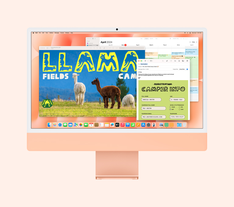 iMac laranja: a tela mostra os apps Pré-Visualização, Mail e Calendário em uso