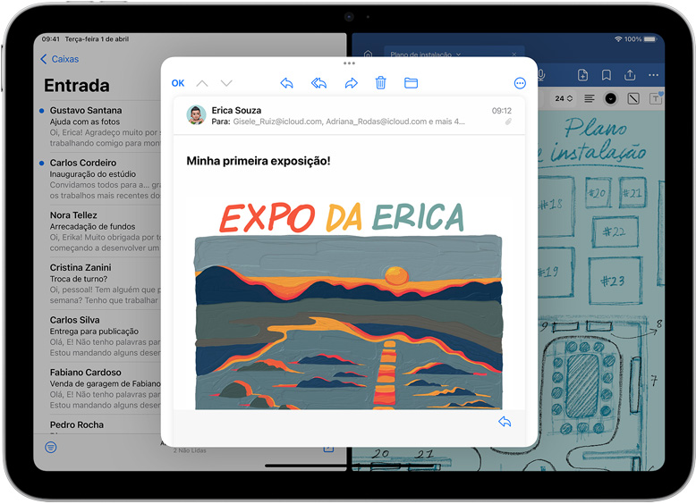 Imagem do iPad que mostra os apps Mail e Goodnotes abertos lado a lado. Um e-mail está aberto em uma janela separada.