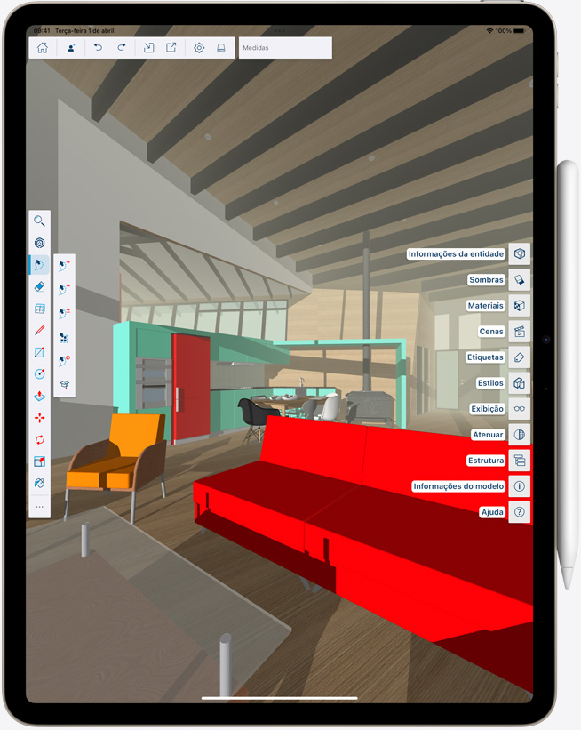 iPad Air na vertical mostrando uma imagem colorida na tela e com um Apple Pencil fixado