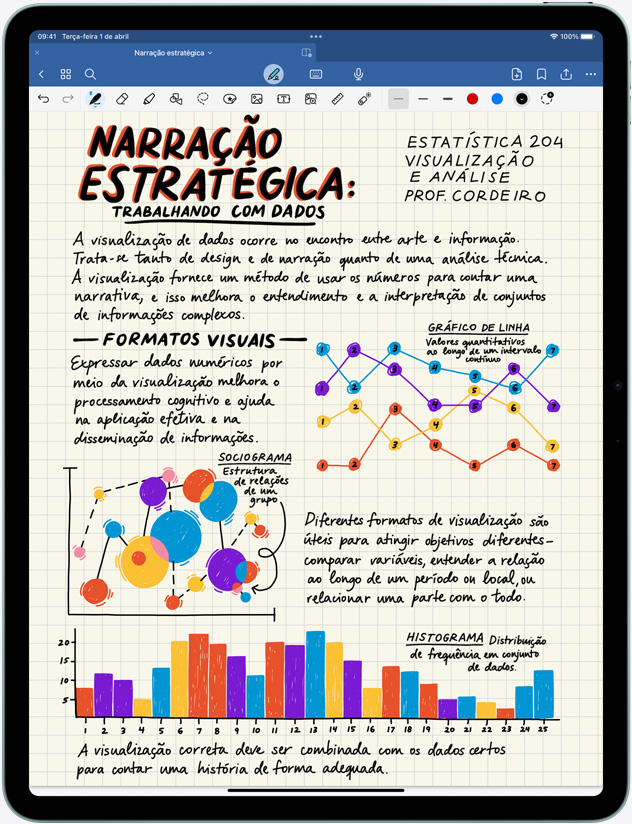 Imagem de notas e imagens na tela de um iPad Air na vertical.
