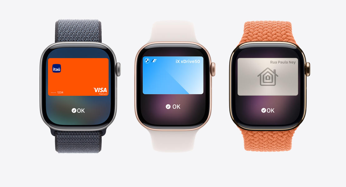 Apple Watch Series 11, tela do Apple Pay, Apple Card, app Carteira, cartão de transporte público, chave de casa