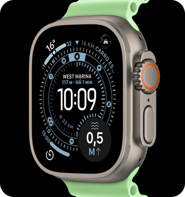 Apple Watch Ultra 3 com caixa prateada de titânio e pulseira loop verde.