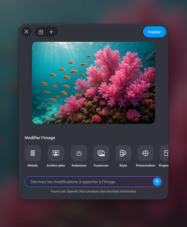 Fenêtre de génération d’image, image d’un récif de corail coloré, outils de retouche d’image, bouton d’insertion, barre de description des retouches d’image au bas