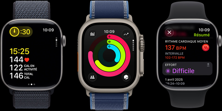Trois appareils Apple Watch avec données d’entraînement, anneaux d’activité et bilan post entraînement à l’écran