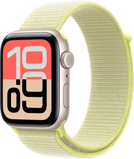Apple Watch SE 3, boîtier en aluminium, comète, cadran Flux, côté droit, Digital Crown, microphone, bouton latéral, bracelet sport à rabat jaune fluo, fermeture à languette