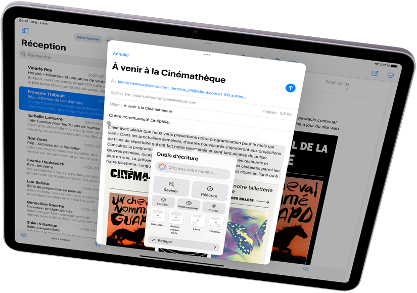 iPad Air en orientation paysage, mettant en valeur Apple Intelligence, avec les outils d’écriture et Mail
