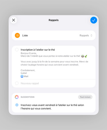 Une liste dans l’app Rappels affiche des rappels intelligents et des suggestions de tâches