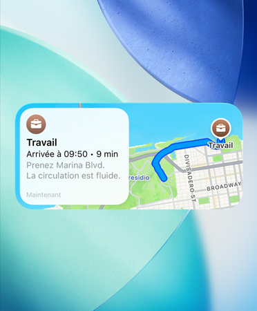 Le widget Plans montrant le nouveau planificateur d’itinéraires préférés, avec des renseignements sur la circulation, l’heure d’arrivée et la durée du trajet