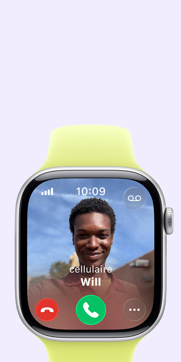 Apple Watch Series 11, boîtier en aluminium, gris cosmique, appel entrant, photo de contact, boutons permettant d’accepter ou de refuser un appel, côté droit extérieur, Digital Crown, bracelet sport, jaune fluo