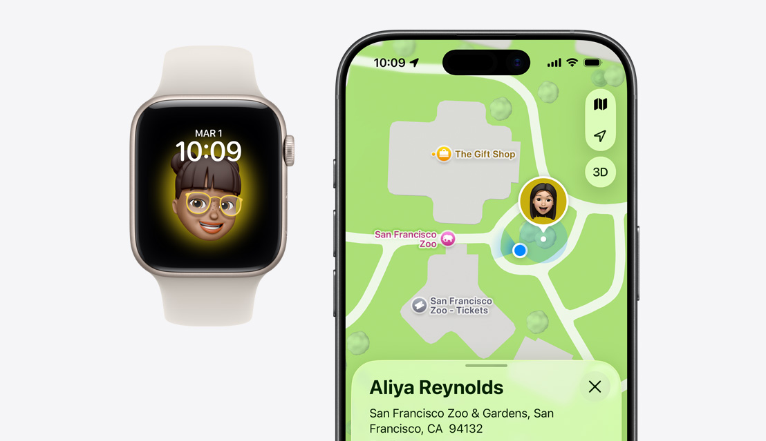 Apple Watch SE 3, Memoji d’enfant à l’écran, iPhone 17, app Localiser, position de l’enfant sur un plan