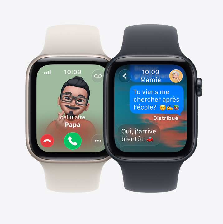 Appareils Apple Watch SE 3, écrans : appel entrant de Papa, iMessage de Maman