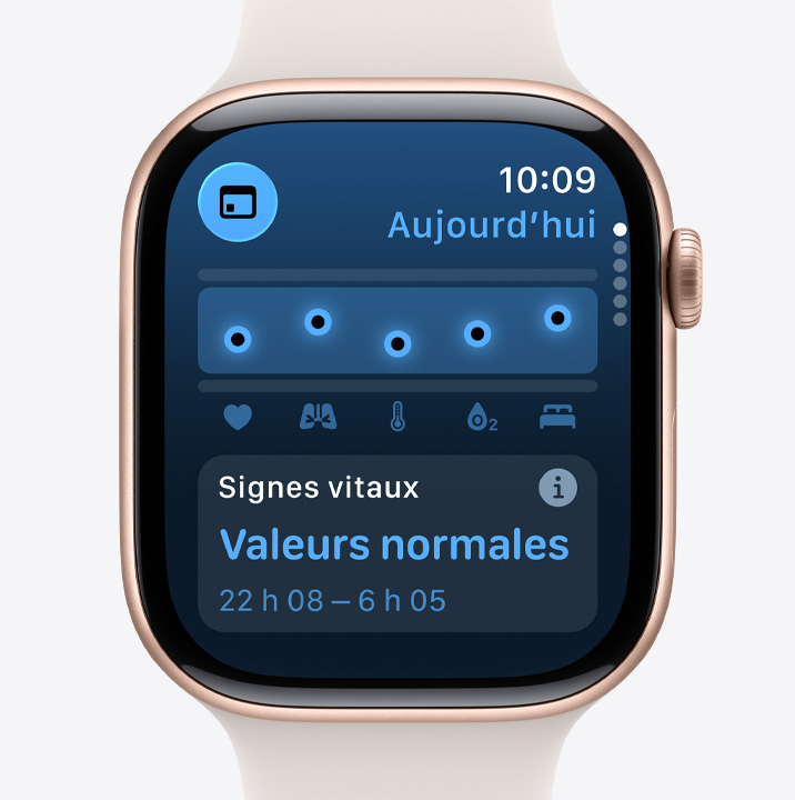 Apple Watch Series 11, aluminum case, rose gold color, Vitals app, health score chart, overnight vitals notification
