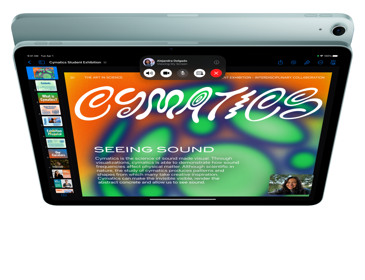iPad Air, front exterior, user is on FaceTime and looking at Keynote in front of another iPad Air, back exterior