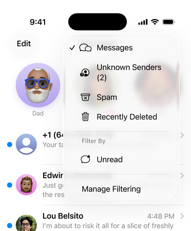 Messages app showing new screening tools feature that now filters unknown numbers into a section called Unknown Senders
