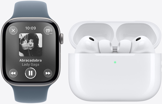 Apple Watch Series 11, Apple Music app, now playing, AirPods Pro 3, white, earbuds, silicone tips, microphone, MagSafe Charging case, open, rounded corners