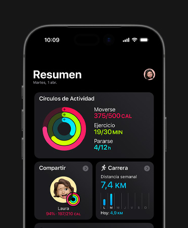 iPhone 17, resumen de Fitness, círculos de Actividad, métricas de Moverse, Ejercicio y Pararse, Compartir Actividad con otras personas, estadísticas de Carrera semanales
