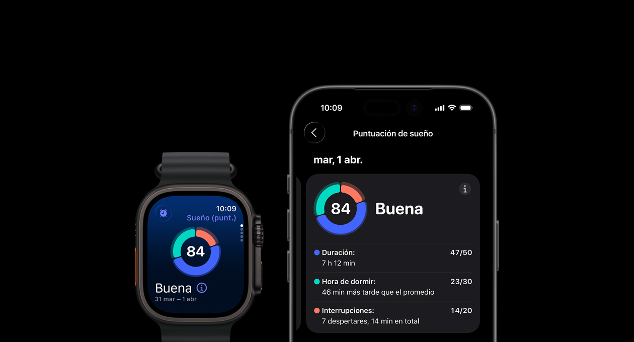 Gráfica circular y puntaje de Puntuación de Sueño en el Apple Watch Ultra 3, análisis completo abierto en el iPhone enlazado 