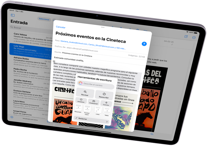 iPad Air en horizontal que muestra Apple Intelligence con Herramientas de Escritura y Mail