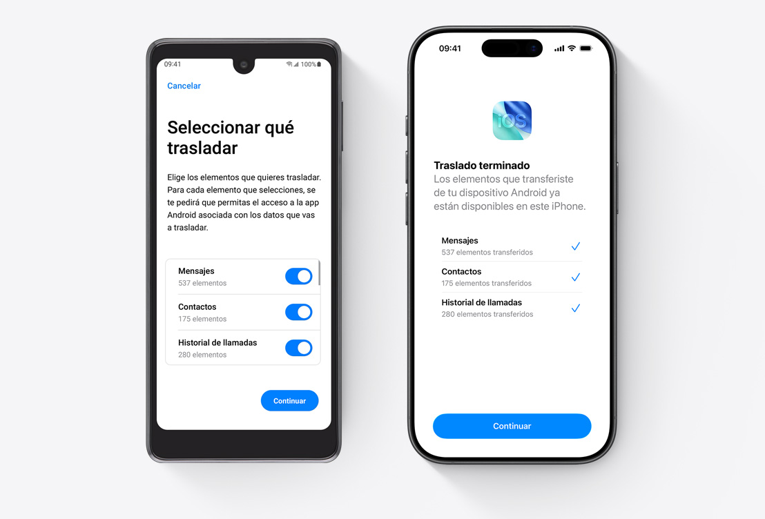 Un dispositivo al lado del otro, pantalla de un teléfono Android que muestra la app Trasladar a iOS, pantalla de un iPhone que muestra la app Trasladar a iOS
