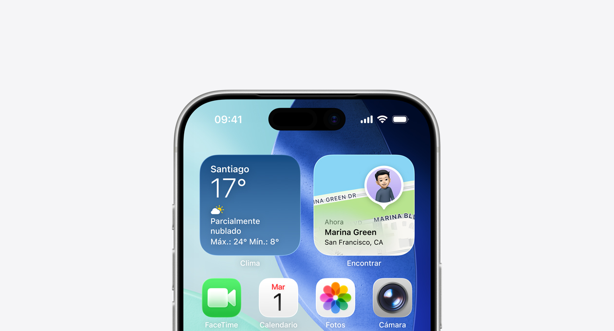 iPhone, parte superior de la pantalla que muestra la pantalla de inicio con widgets de Clima y Encontrar en la fila superior