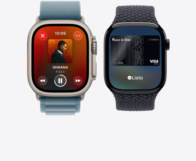 Apple Watch Ultra 3, caja de titanio, app Apple Music, pantalla Ahora Suena, Apple Watch Series 11, caja de aluminio, negro azabache pulido, pantalla Apple Pay, Apple Card