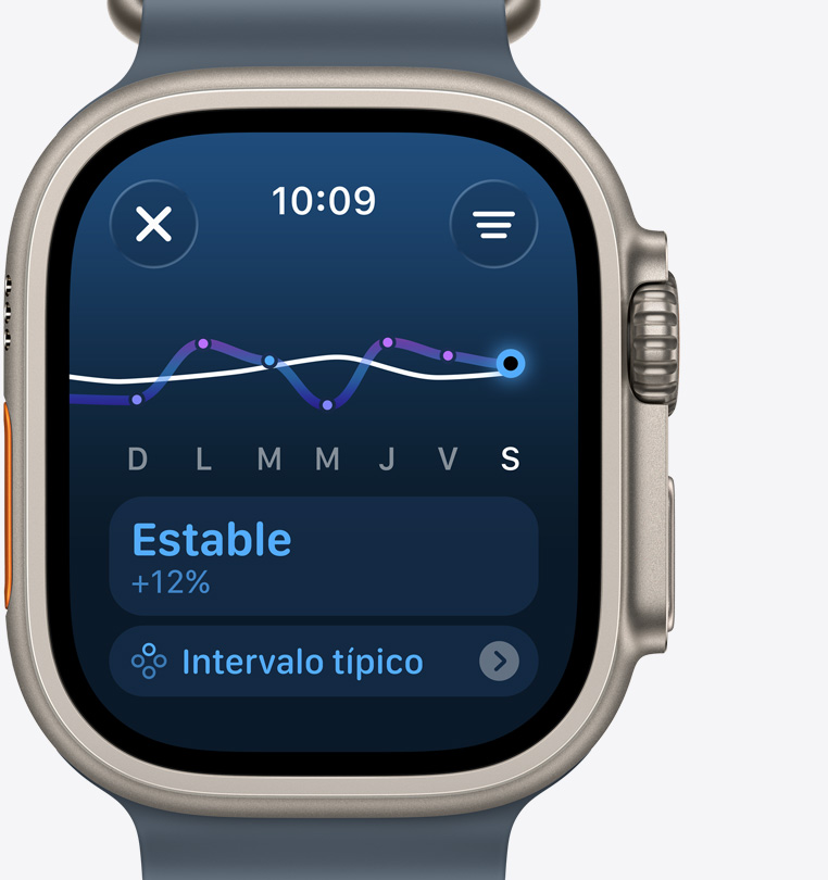 Apple Watch Ultra 3, caja de titanio, natural, pantalla de Carga de Entrenamiento que indica un aumento constante del nivel de entrenamiento