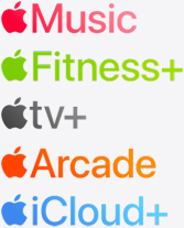 Íconos de las apps Apple Music, Apple Fitness+, Apple TV+, Apple News+, Apple Arcade y iCloud+