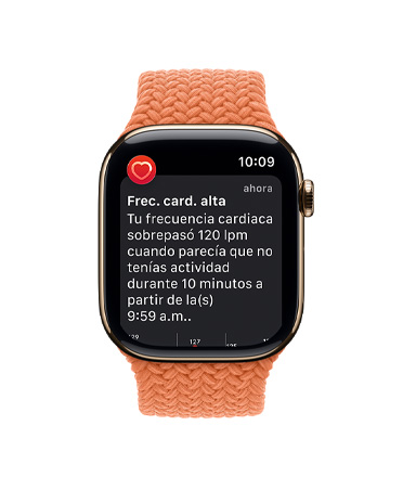 Apple Watch Series 11, caja de titanio color oro, notificación de frecuencia cardiaca alta, correa uniloop trenzada, color cúrcuma