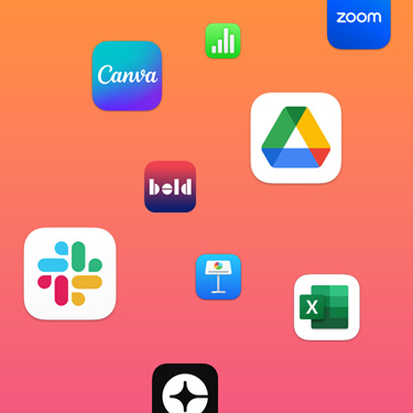 Íconos de apps de productividad como Slack, Canva, Google Workspace, Zoom, Quickbooks, Keynote, Excel, Square y Numbers sobre un fondo colorido.