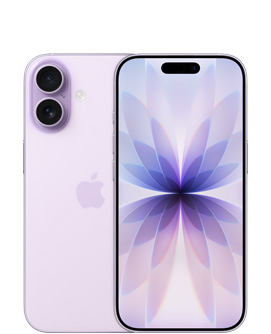 Parte de trás do iPhone 17 na cor lavanda com o sistema de câmera dupla Fusion na parte superior e o logotipo da Apple no centro. Parte da frente na cor lavanda, com a Dynamic Island centralizada na parte superior
