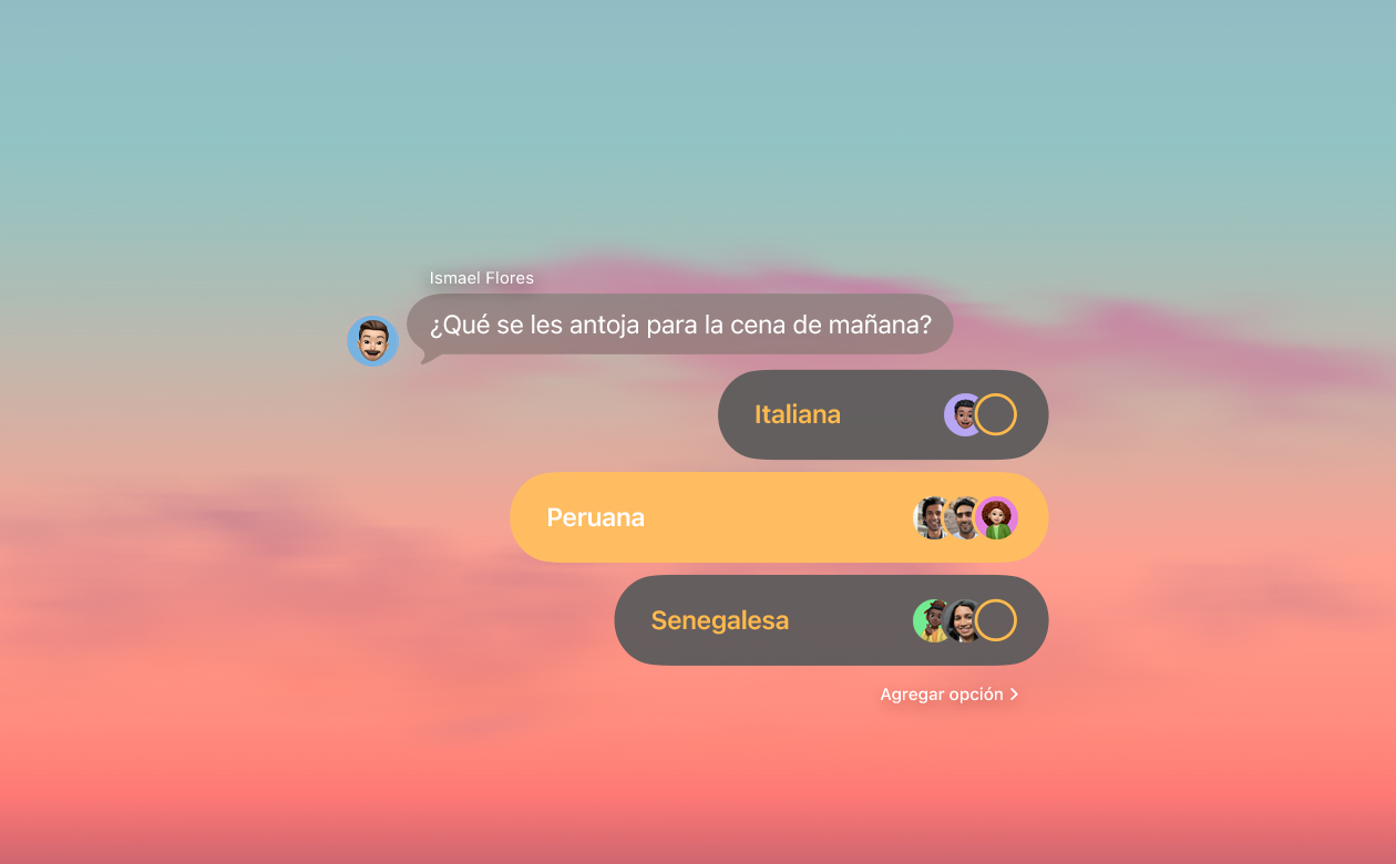 Funcionalidades de Encuestas y fondos en Mensajes, donde las personas de un grupo votan lo que quieren cenar