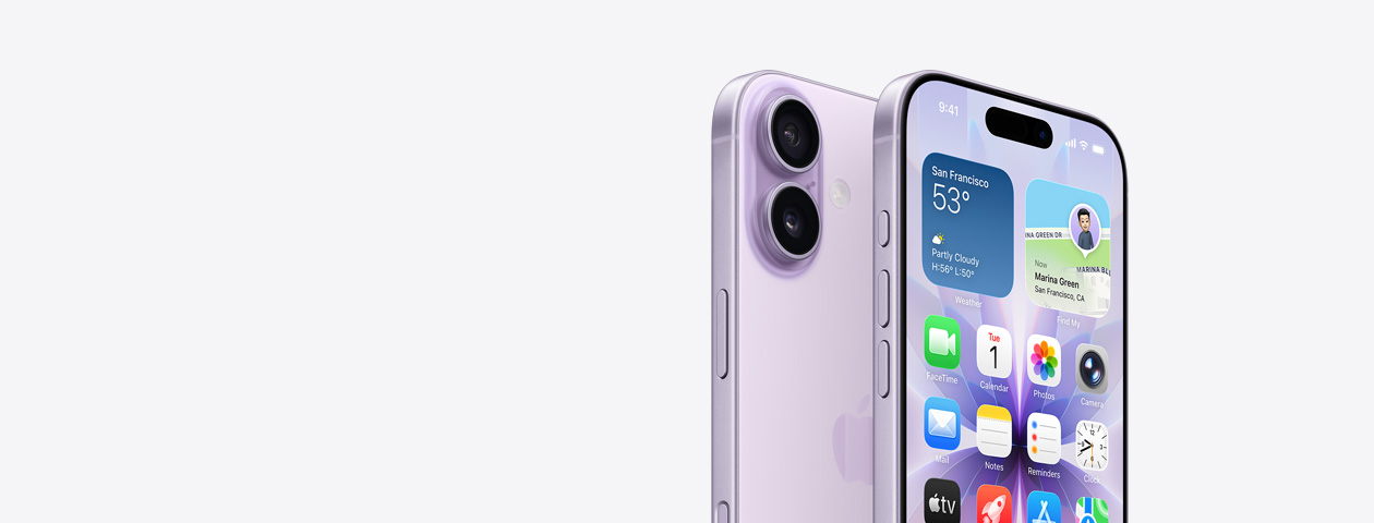 Šikmý pohled zepředu na levandulový iPhone 17, je vidět část plochy a na boku akční tlačítko a tlačítka hlasitosti. Šikmý pohled zezadu, v levém horním rohu dvojitá Fusion fotosoustava, na boku ovladač fotoaparátu