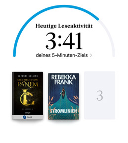 iPhone Bildschirm mit der Oberfläche „Leseziele“ in der Books App. Oben befindet sich ein Fortschrittsring für ein Leseziel. Unterhalb des Fortschrittsrings befinden sich drei Buchcover. Unter den Buchcovern ist zu lesen, dass ein weiteres Buch benötigt wird, um das Ziel für 2024 von acht Büchern zu erreichen.
