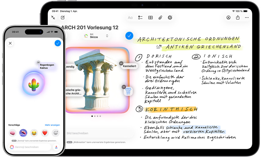 Auf dem iPhone und iPad wird mit Genmoji ein Regenbogenkaktus erstellt und mit Bildkreation eine Skizze in einen Mogul Pavillon verwandelt.