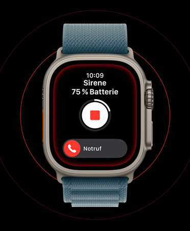 Apple Watch Ultra 3, Farbe Natur, Titangehäuse, Display mit aktivierter Sirene, Stopp und Notruf SOS Tasten, Armband, Alpine Loop Maritimblau