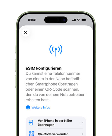 iPhone 17, Vorderseite, mit dem Feature „Mobilfunk konfigurieren“, um eine Telefonnummer mit eSIM einfach zu übertragen