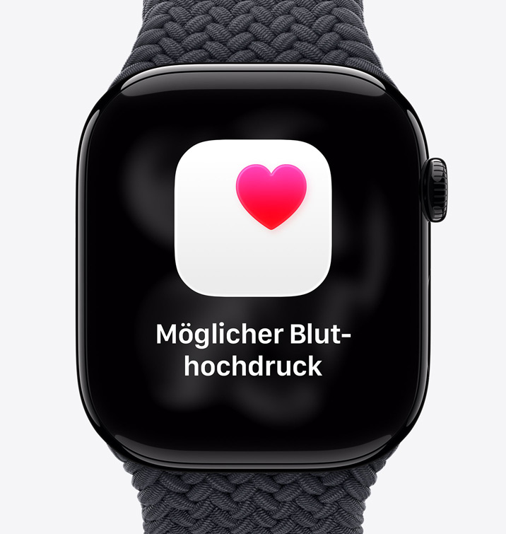 Apple Watch Series 11, Aluminiumgehäuse, Farbe poliertes Diamantschwarz, Mitteilung: Möglicher Bluthochdruck, pinkes Herz in weißem Feld, rechte Seitenansicht, Digital Crown, Sportarmband, Farbe Schwarz