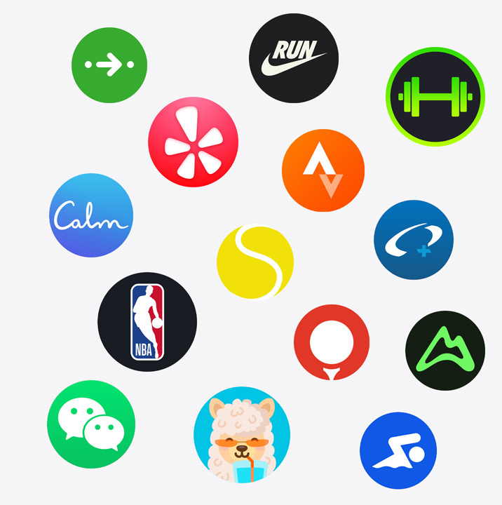 Apple Watch App Symbole: ChargePoint, Yelp, Nike Run Club, SmartGym, Calm, NBA, SwingVision, Oceanic+, WeChat, Wasser trinken Erinnerung Lama, Golfshot, JetBlue und AllTrails