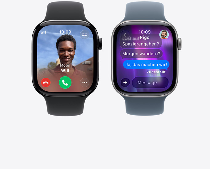 Apple Watch Series 11 devices, incoming call, contact photo, accept and decline call buttons, iMessage conversation