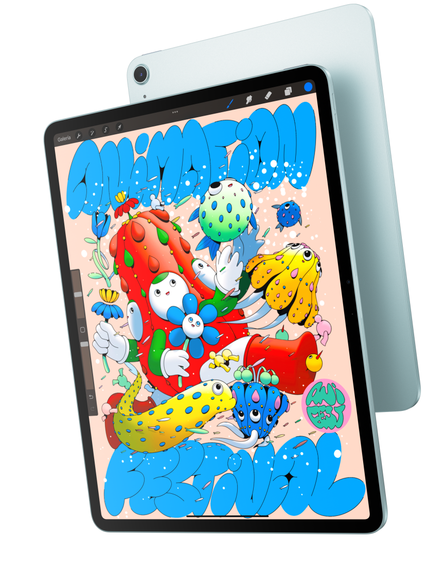 Vista frontal del iPad Air de 13 pulgadas que muestra la app Procreate y se solapa con la vista trasera de un iPad Air azul