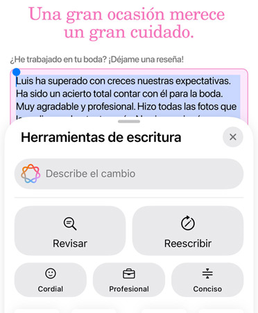 La prestación Herramientas de Escritura en uso con las opciones Revisar, Reescribir, Cordial, Profesional y Conciso